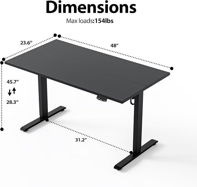 Agilestic Electric Height Adjustable Standing Desk, 48 Inch, Black | Smooth Height Adjustment, Memory Presets, Hooks, Stable Steel Frame,154 lbs Capacity, Easy Assembly, Splice Board - Image 2