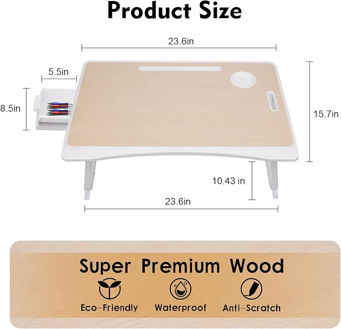 Amaredom Laptop Bed Desk Tray Bed Table, Foldable Portable Lap Desk Notebook Stand Reading Holder with Storage Drawer and Cup Holder for Eating Breakfast on Bed/Couch/Sofa-White Oak - Image 4