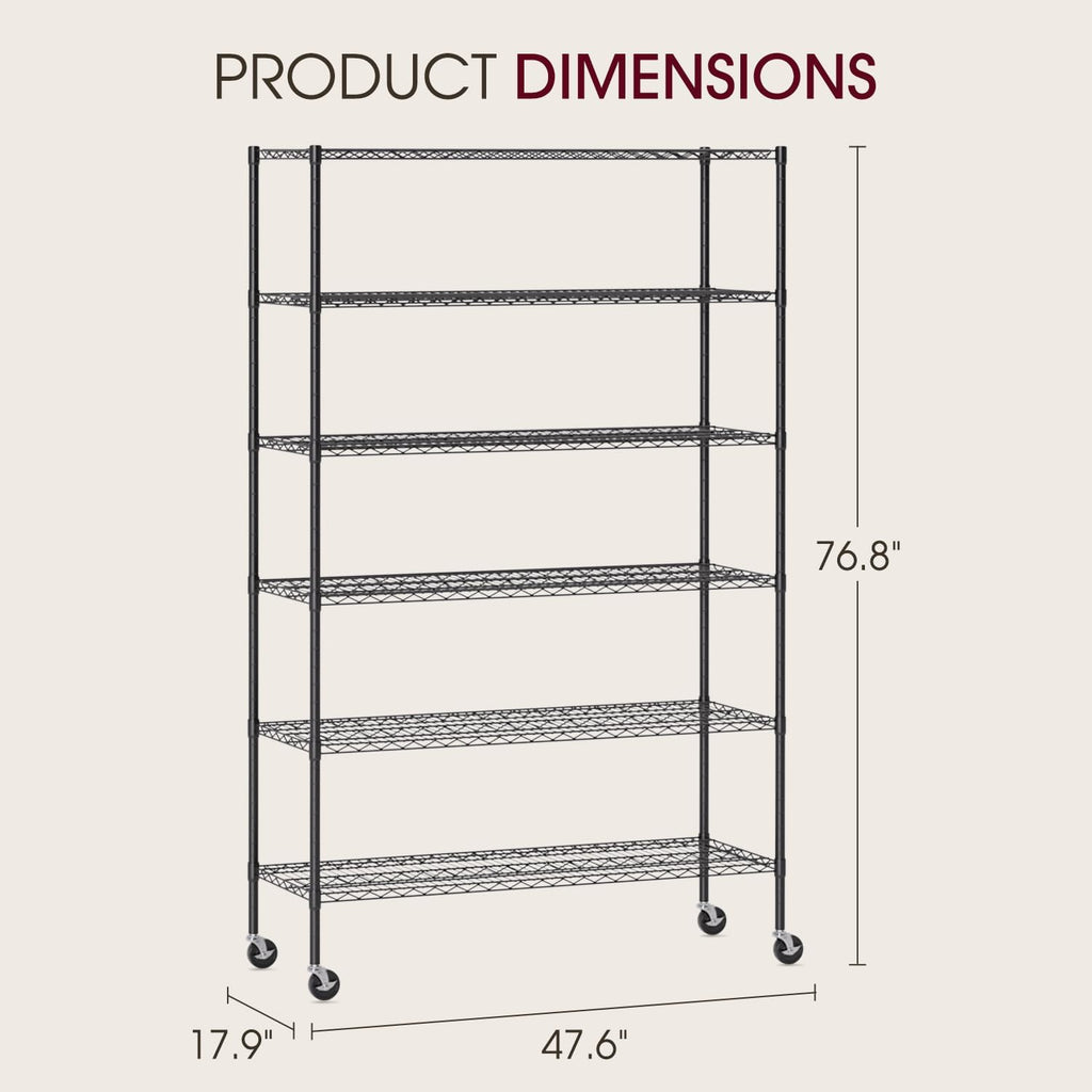 BestOffice | 6-Tier Wire Shelf with Wheels | 48" x 18" x 77" | Black - Image 3