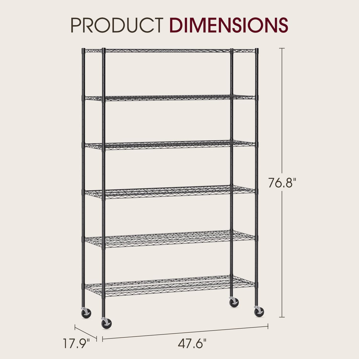 BestOffice | 6-Tier Wire Shelf with Wheels | 48" x 18" x 77" | Black - Image 3