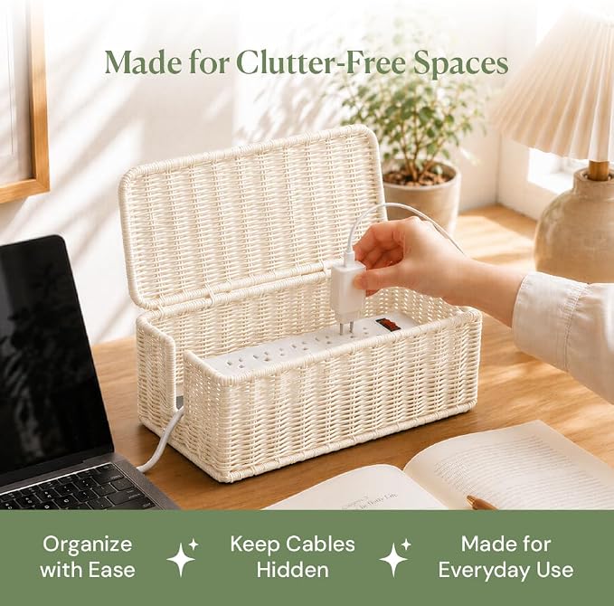 Cable Management Box, Handmade Rattan Cord Organizer for Power Strip | Open Slots Cord Hider for Power Strip, Router & USB Hub, Registered U.S. Design Patent - Image 9