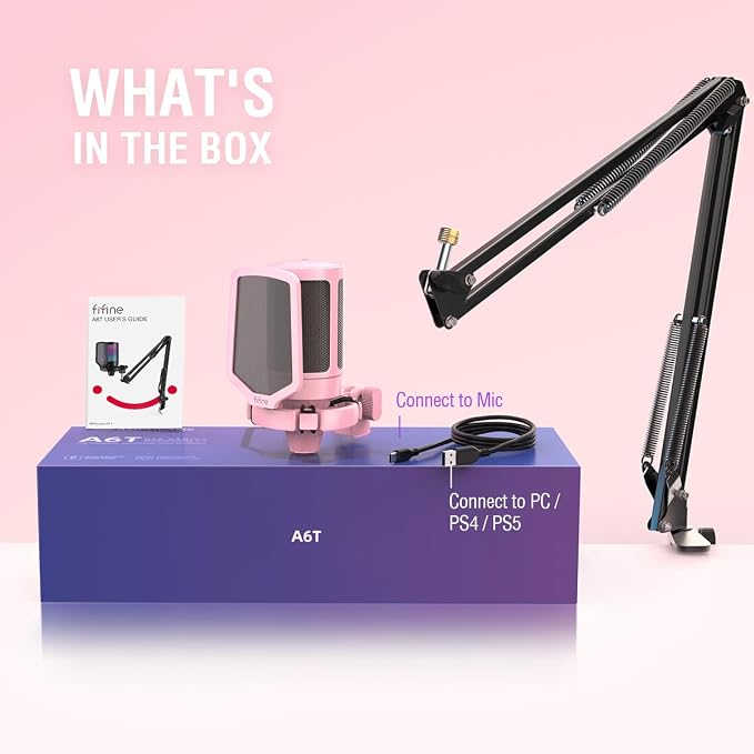 FIFINE A6T Pink Gaming USB Condenser Microphone Kit for Podcast Streaming | Mute Button, RGB Indicator, Gain Control, Boom Arm & Pop Filter, for PC/PS5/Mac Streaming Discord Twitch Podcasts - Image 7