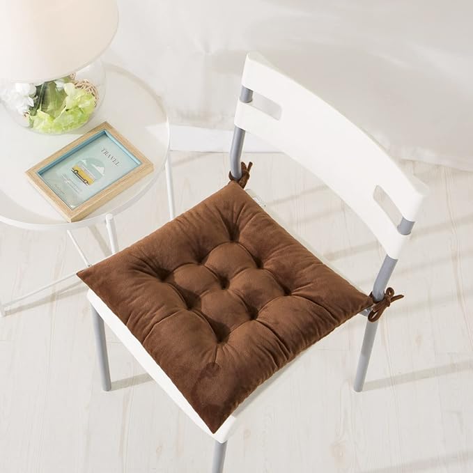Set of 4 Square Chair Pads Indoor Seat Cushions Pillows with Ties Soft Comfortable Non Slip Chair Mat for Kitchen Dining Office Desk Living Room Outdoor Tatami 15.5" - Coffee - Image 6