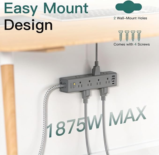 10FT Extension Cord, Power Strip Surge Protector with 12 AC Outlets & 4 USB | Flat Plug, 1050J Overload Protection, Wall Outlet Extender for Home Office Dorm Living Room Bedroom Essentials, ETL Listed - Image 4