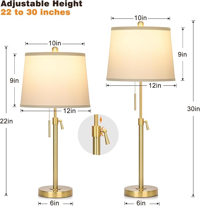 JUNNAI 2 Pack 22"-30" Adjustable Height Table Lamps Set, Modern Gold Table Lamps with White Shade 3 Colour Temperature Pull Chain Tall Lamps for Living Room Bedroom Bedside End Table Nightstand - Image 2