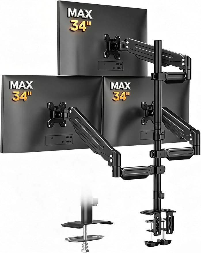 Triple Monitor Mount for Max 34" Screens, up to 24.25lbs Each, Full Adjustable 3 Monitor Desk Stand, Three Gas Spring Arm with Tilt Swivel Rotation, VESA 75x75/100x100mm, Black, MDX883B by Bracwiser