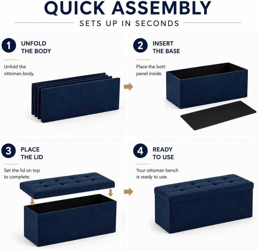 ALASDO 43 Inch Folding Storage Ottoman Bench with Hidden Storage, Velvet Storage Ottoman Foot Rest Stool, End of Bed Bench for Bedroom, Living Room, Entryway and Closet, Navy Blue - Image 4
