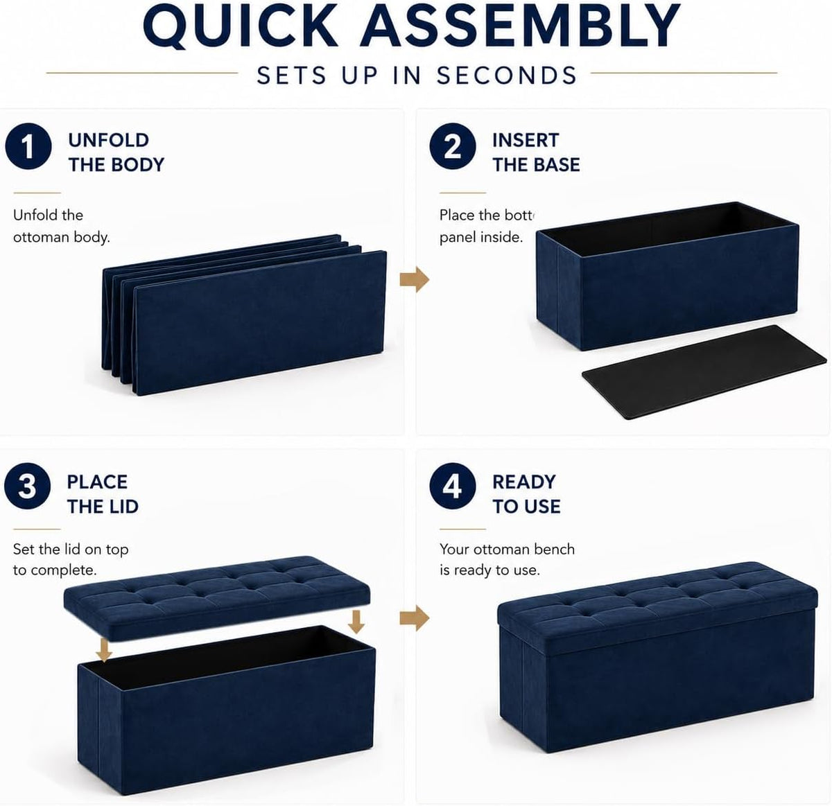 ALASDO 43 Inch Folding Storage Ottoman Bench with Hidden Storage, Velvet Storage Ottoman Foot Rest Stool, End of Bed Bench for Bedroom, Living Room, Entryway and Closet, Navy Blue - Image 4