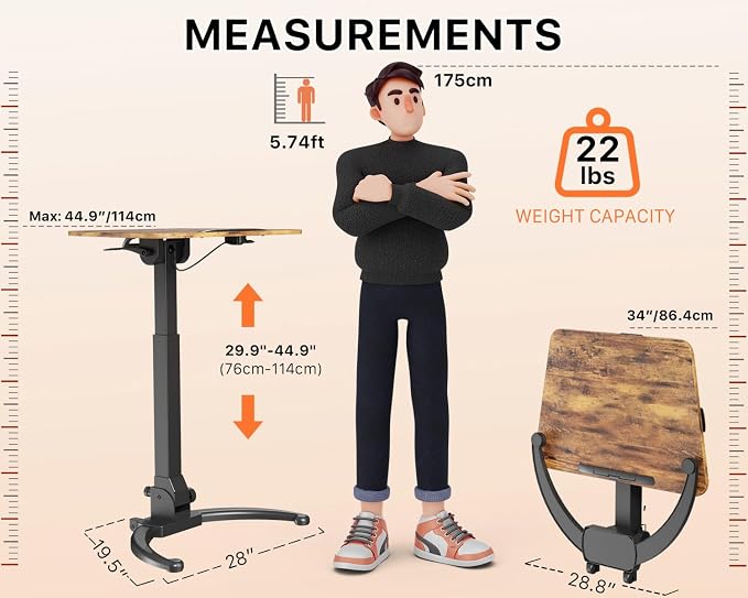 JOY worker Foldable Rolling Standing Desk, 90° Tilt Sit Stand Portable Desk | Dark Walnut MDF Desktop, Height Adjustable, Collapsible Low Base with Hidden Wheels, Non-Slip Bar, Holds 22lbs, Home Office - Image 3