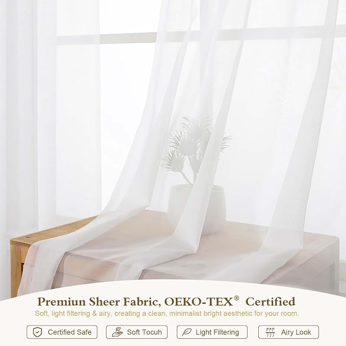 White Sheer Curtains 108 Inches Extra Long 52" Width 2 Panels | Elegant Airy Sheer Curtain for Living Room Bedroom, Light Filtering, Window Treatments, Wedding Party Decoration, 2pcs - Image 3