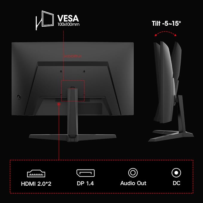 KOORUI 27 Inch Curved Gaming Monitor QHD 180Hz, 1ms 1500R VA Display | 2560×1440 Monitor, Adaptive Sync, 4000:1 Contrast, 90% DCI-P3, Eye Care, HDMI×2 and DP, VESA, FPS & Console Gaming - Image 8