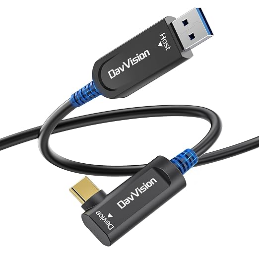 USB A to USB C Fiber Optic Cable Right Angle 33 FT, 10Gbps USB 3.2 Gen2 Extension Cable(No Power), Ultra Slim & Long Distance for Business Solution,Logitech 4K Camera,VR/AR,Video Conference by DavVision