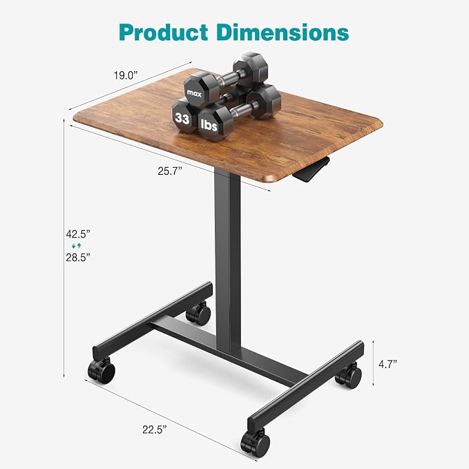 DUMOS Mobile Small Standing Desk, Laptop Desk, Home Office | Portable Rolling Design, 2 Lockable Wheels, Adjustable Height Computer Workstation, 19 Inch, Brown - Image 3