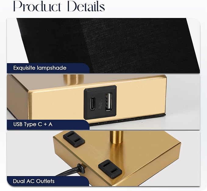 Bedside Lamp with USB Ports - Touch Control Table Lamp for Bedroom with USB C+A Charging Ports & AC Outlets, 3 Way Dimmable Nightstand Light for Living Room (LED Bulb Included, Brass - Black) - Image 5