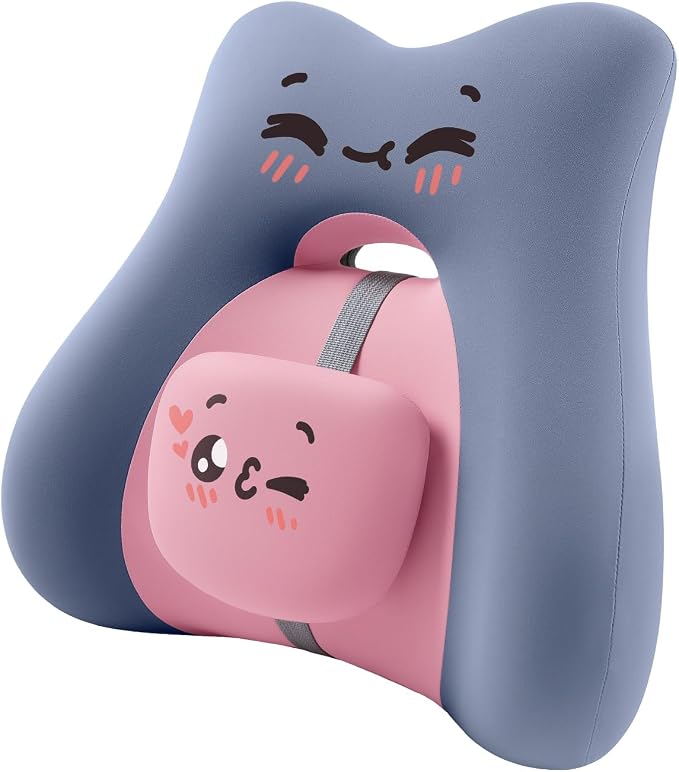 BEBAS Ergonomic Memoery Foam Lumbar Support Pillow for Car & Office, Blue | Back Support Cushion with Adjustable Bolster, Cute Cartoon Design, Breathable Washable Cover, Ideal for Driving, Office by BEBAS