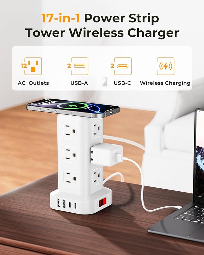 Power Strip with 12 Outlets 4 USB (1 USB C), 6.5Feet Extension Cord with Multiple Outlets, Charging Station, Power Strip Tower, Home Office Desk Supplies - Image 2