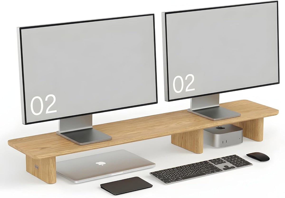 White Oak Dual Monitor Stand Riser - 43.3" Wooden Monitor Stand for 2 Monitors, Minimalist Desk Shelf Organizer for iMac, Laptop & Ultrawide Displays - Image 2