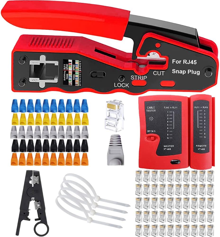 LEATBUY Crimp Tool CAT5 CAT6 Kit RJ45 Crimping Tool, 50PCS RJ45 Crimper Pass Through Ethernet LAN Connectors, 50PCS Covers, Network Cable Tester, Wire Punch Down Cutter(RED) by LEATBUY-TECH