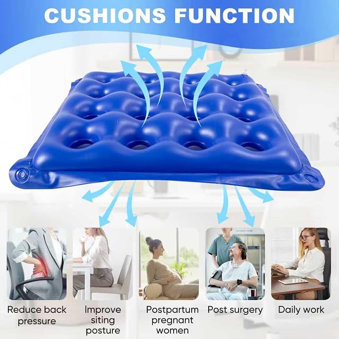 2-Pack Waffle Inflatable Seat Cushions with Pump, 18 Inch Beige 16-Hole Air Cushion for Pressure Relief, Wheelchair, Office Chair, Car Seat & Travel (Blue&Beige) - Image 2