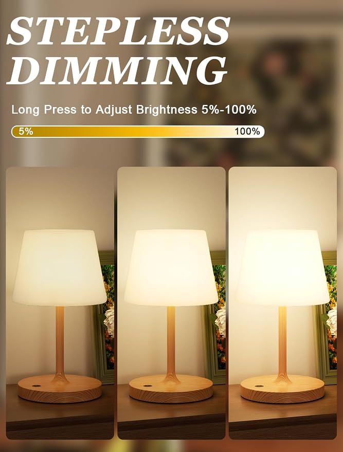 Shower Lamp IP54 Waterproof, Cordless Rechargeable Table Lamp, Outdoor Use | 4000mAh Battery Operated, Dimmable Touch Desk Light for Bathroom, Bathtub, Kitchen, Bedroom, Patio, Camping, Wood Grain 1Pack - Image 2