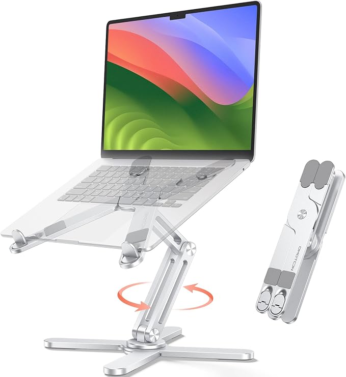 OMOTON LA10 360° Rotating Laptop Stand Riser Foldable for Desk, Silver | Aluminium Aolly, Adjustable Height Angles, Collaborative Work, Easy Storage, Fits Laptops up to 17", for MacBook Pro/Air HP by OMOTON