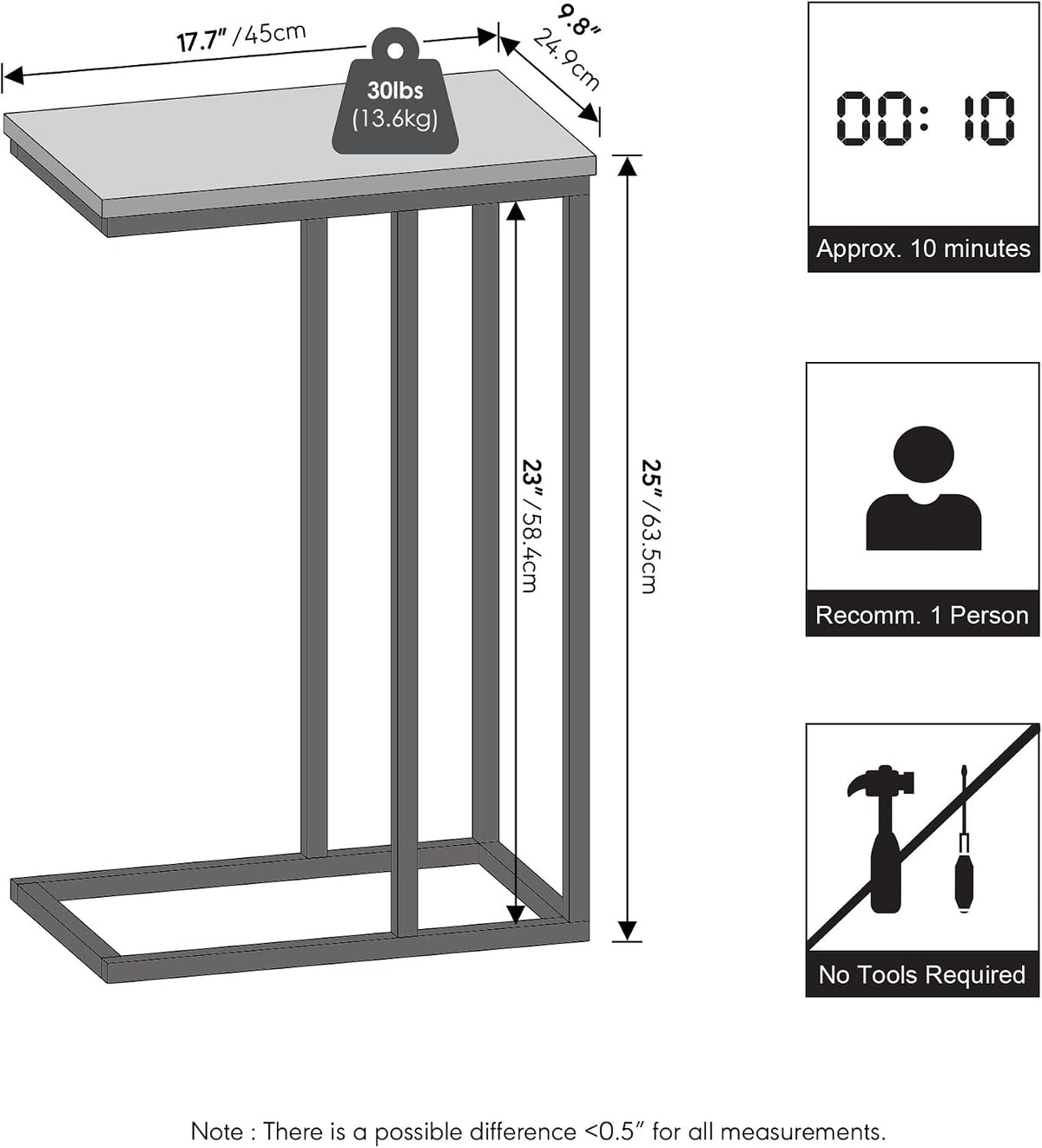 Furinno C-Shaped Metal Frame Side Table, Easy Assembly, Americano - Image 2