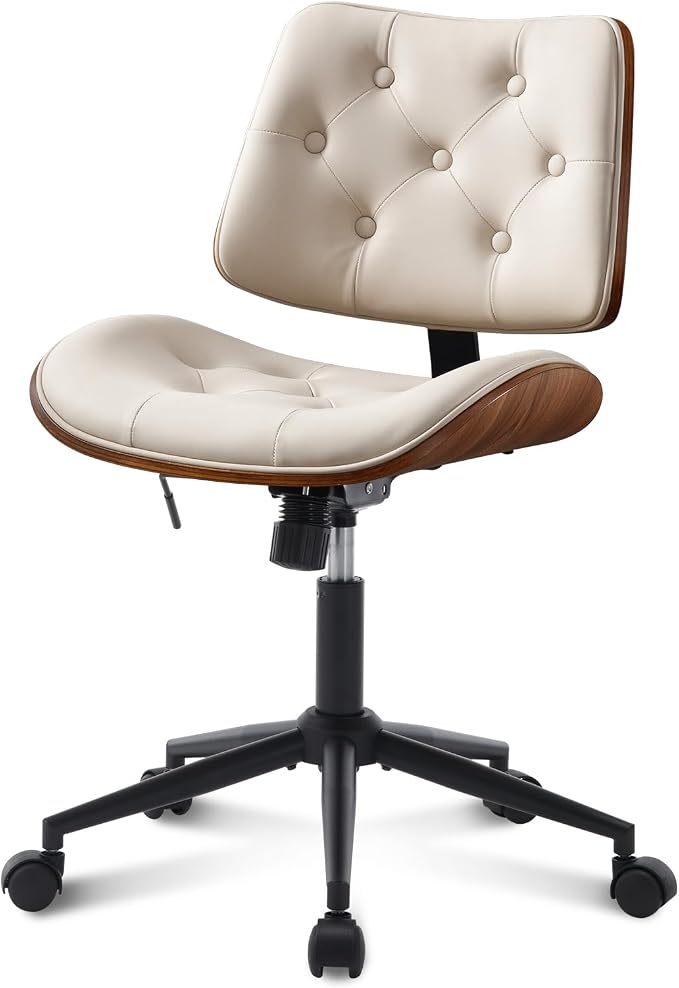 Armless Home Office Chair in Button Style, PU Leather Small, Beige | PU Leather Adjustable Height Computer Desk Chair, 360 Swivel Small No Arms Office Seat, Walnut Design Stool, 300LBS Cap - Image 8