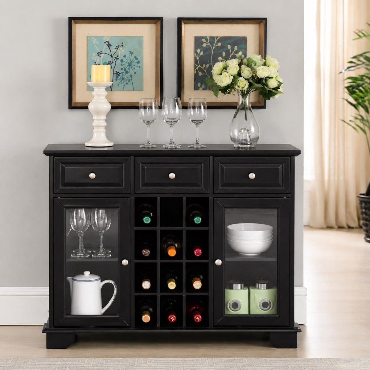 Kings Brand Buffet Sideboard Cabinet with 12-Bottle Wine Rack, Black - Image 2