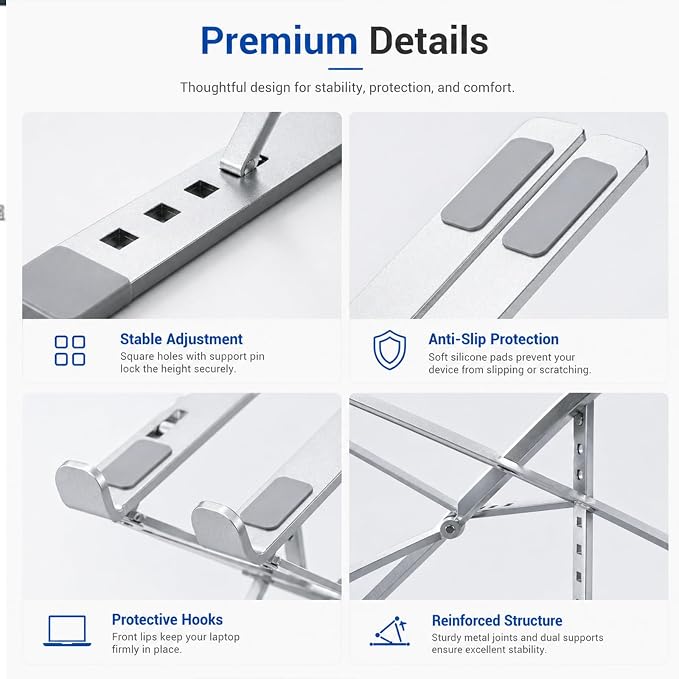Adjustable Foldable Portable Laptop Stand for Desk Silver | Computer stand ;Portable notebook riser; foldable computer holder for 10–15 inch devices. - Image 6