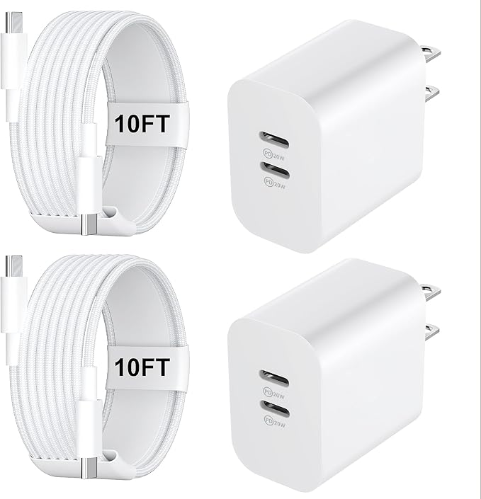 Long iPhone Charger, iPhone 15 16 17 Pro Max Charger with 10FT Nylon Braided USB C to C Charging Cable Cord & 20W Dual Port USB C Fast Charger Block for iPhone 17 16 15 Pro Max/17 16 15/15 Plus by Auorld