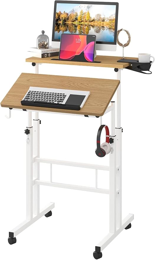Small Standing Desk with Removable Cup Holder, Height Adjustable Mobile Laptop Stand on Wheels, Ergonomic Rolling Computer Workstation for Home Office, Portable Overbed Table for Couch & Bed, Khaki by Klvied