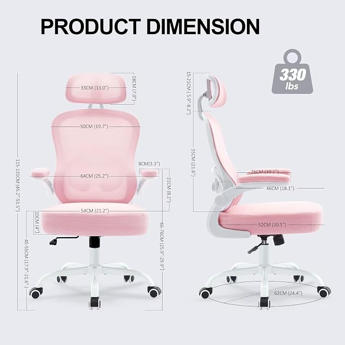 Ergonomic Office Chair,Ultra Thick Spring Cushion Desk Chair,Pink | Adjustable Lumbar Support and Headrest,Flip-up Arms,Rocking Function,Mesh Home Office Computer Chair - Image 2