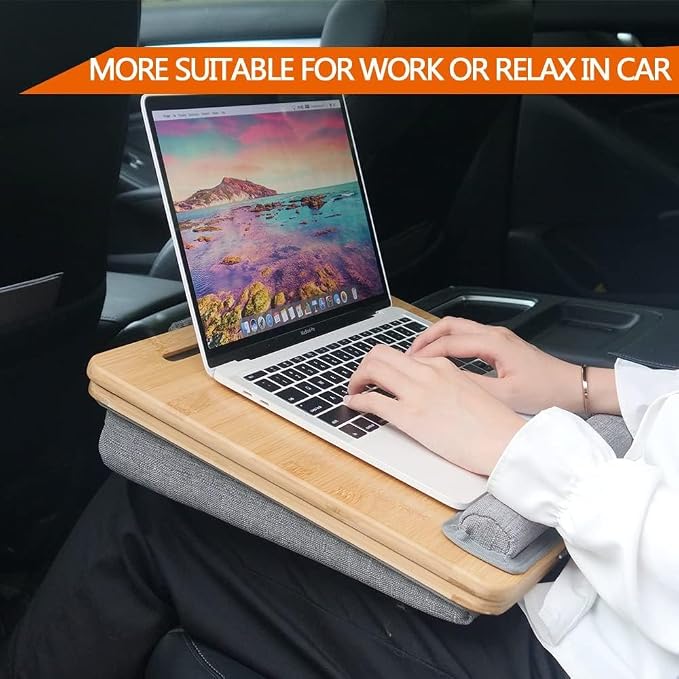 Adjustable Bamboo Lap Desk with Cushion - 5 Tilting Angles Ergonomic Laptop Bed Tray for Computers 15 inches or Less, Phone & Tablet Holder Slot, Dual Bolster for Comfort on Couch, Bed, Sofa & Car - Image 4