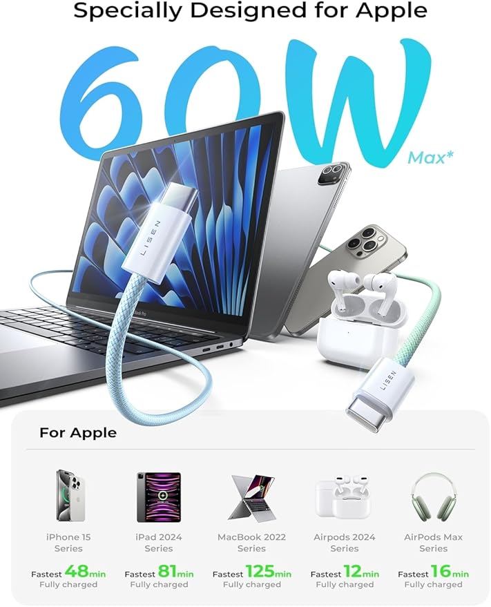 LISEN USB C Cable, 5-Pack [3.3/3.3/6.6/6.6/10FT] USBC to USBC Cable for iPhone 16e 15 Pro Max Charger Cord, 60W (3.1A) C to C Cable Fast Charging for Samsung S25/S24/23, Switch 2, iPad, MacBook - Image 3
