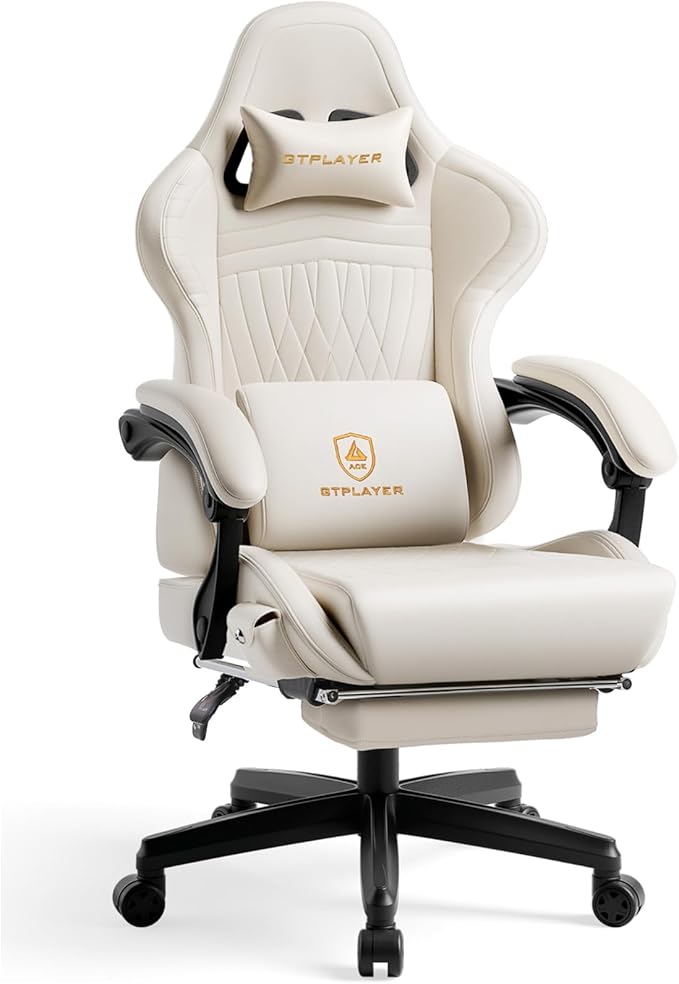 GTPLAYER Gaming Chair for Adults, Ergonomic Computer Game Chairs with Speakers, Footrest & Linkage Armrest, Reclining High Back Silla Gamer for Home Office, Ace Pro, Off-White by GTPLAYER