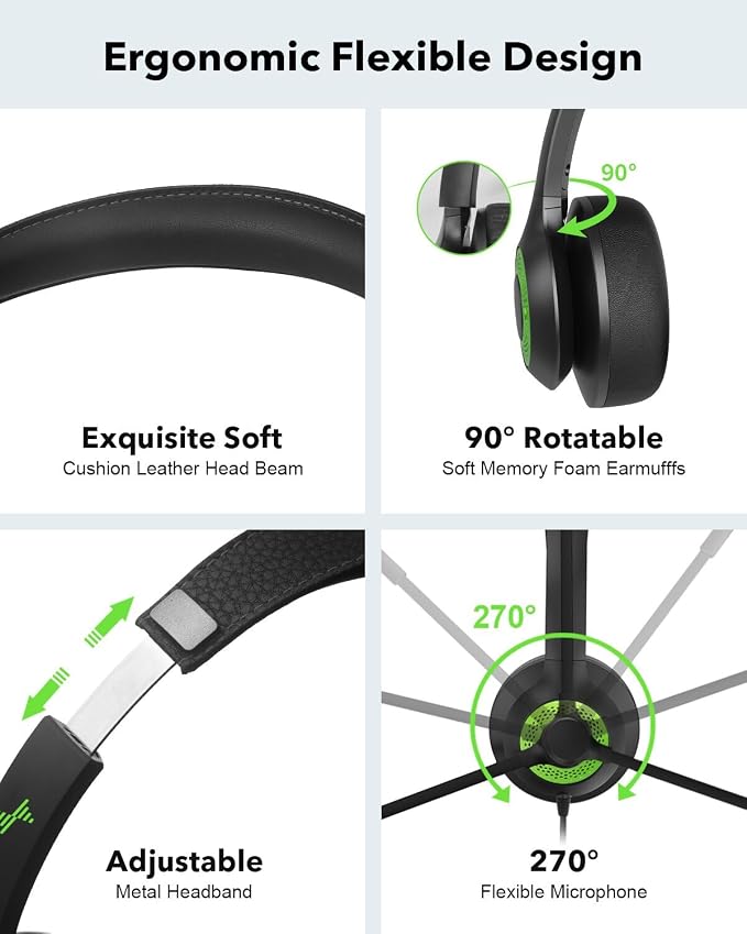 JIAMQISHI USB Headset with Mic for PC, On-Ear Computer Laptop Headphones with Noise Cancelling Microphone in-line Control for Home Office Online Class (USB+3.5mm, Green) - Image 4