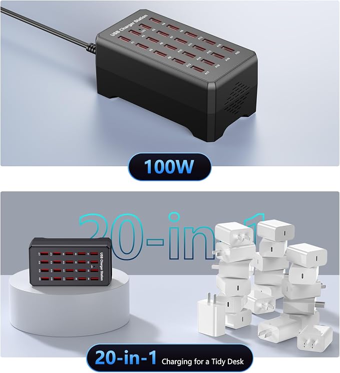 100W 20-Port USB Charging Station for Multiple Devices | USB Charging Hub Compatible with iPhone, Android Tablet and More-Desktop Charger for Home, Office & Entrepreneur - Image 2