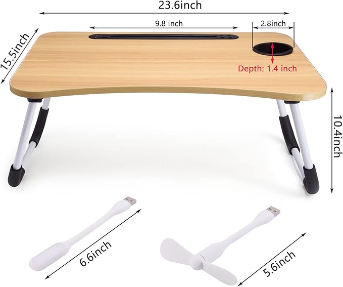 Slendor Foldable Lap Desk with Cup Holder for Bed, Couch, Floor | Portable,with USB Light, Fan, Pen Holder,Tablet Holder,for Laptop,Writing,Eating,Walnut - Image 6