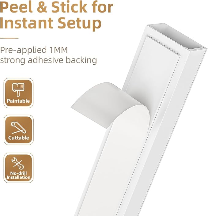 Delamu Cord Hider, 85in Cord Covers for 2-3 Wires on Wall, Self-Adhesive Cable Hider, Paintable Wire Hiders Wire Covers for TV Cords on Wall, Easy Mount Cable Cover Raceway Kit, W0.95 H0.55in, White - Image 4