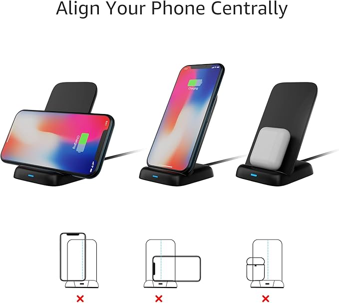 Amazon Basics Wireless Phone Charger Stand, 10W Qi Certified with USB Cable, Compatible with iPhone 16/15/14/13/12/11/X, Samsung & More, with USB Cable, Black (No AC Adapter) - Image 4