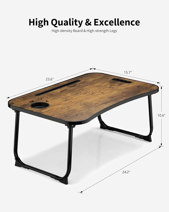 Foldable Lap Desk, Laptop Bed Desk, Portable Lap Table, Laptop Bed Table with Cup Holder & Tablet Slot & Lifting Handle for Working Writing Drawing & Eating - Rustic Brown - Image 4