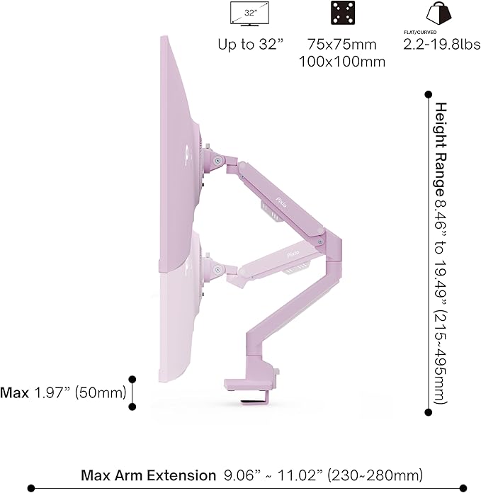 Pixio PS1S Wave Pink Single Monitor Arm Stand Desk Mount - Fits up to 32 inches Monitors and up to 19.8lbs. VESA Compatibility and Integrated Cable Management - Image 4