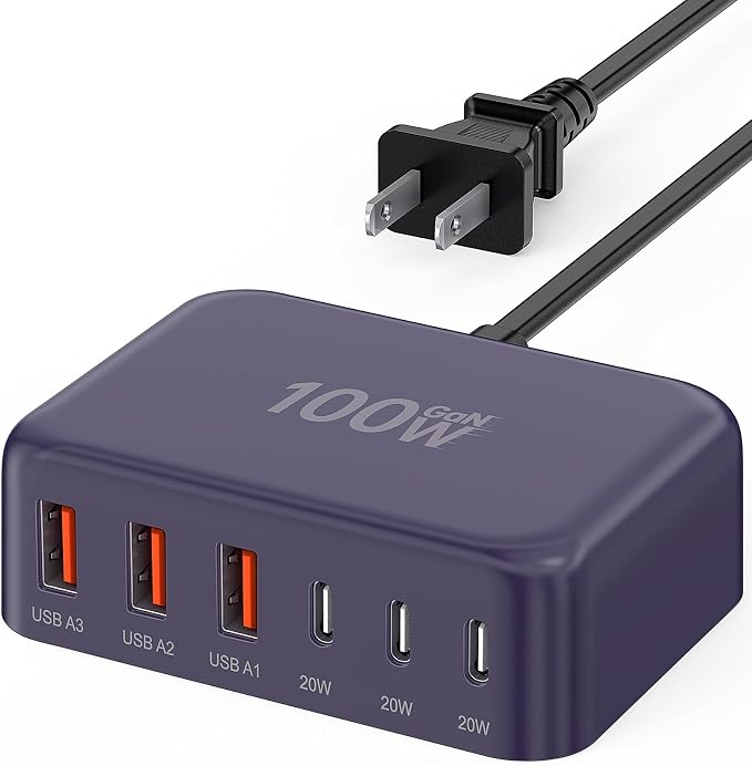 USB C Charger Block, GaN Fast USB Charging Station Hub with 100W Max 6-Port | 3 USB-C & 3 USB-A Compact Desktop Charger for Home Office, PD20W USB Power Strip for iPad iPhone 17 16 15 14 Pro Max Galaxy by BREEKET