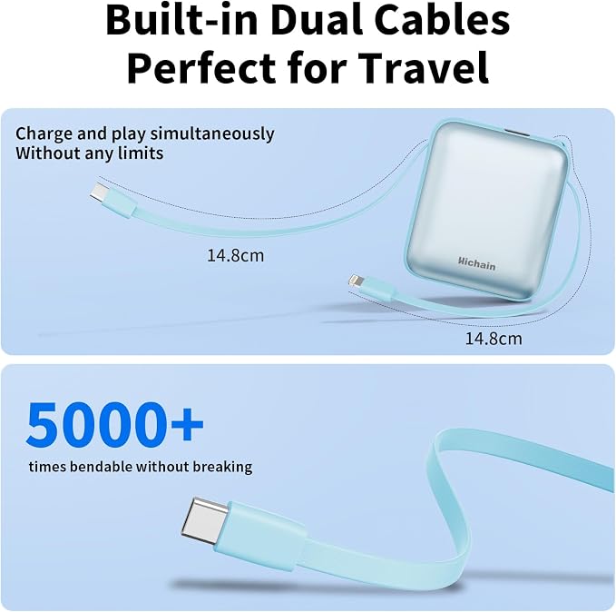 Hichain Mini Portable Charger with Built in Cables LED Display, Mini Power Bank 10000mAh 22.5W USB-C Fast Charging Portable Charger, Small Power Bank for iPhone Compatible with iPad & Android Blue - Image 6