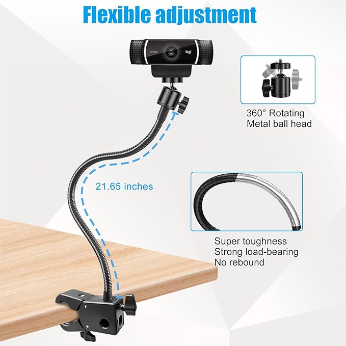 Webcam Stand, Webcam Mount Gooseneck Arm with Phone Holder Web Camera Stand Desk Mount Clip Clamp for Logitech Webcams C922 C930e C920S C920 C615 C960 C920x BRIO 4K NexiGo N60 and More - Image 2