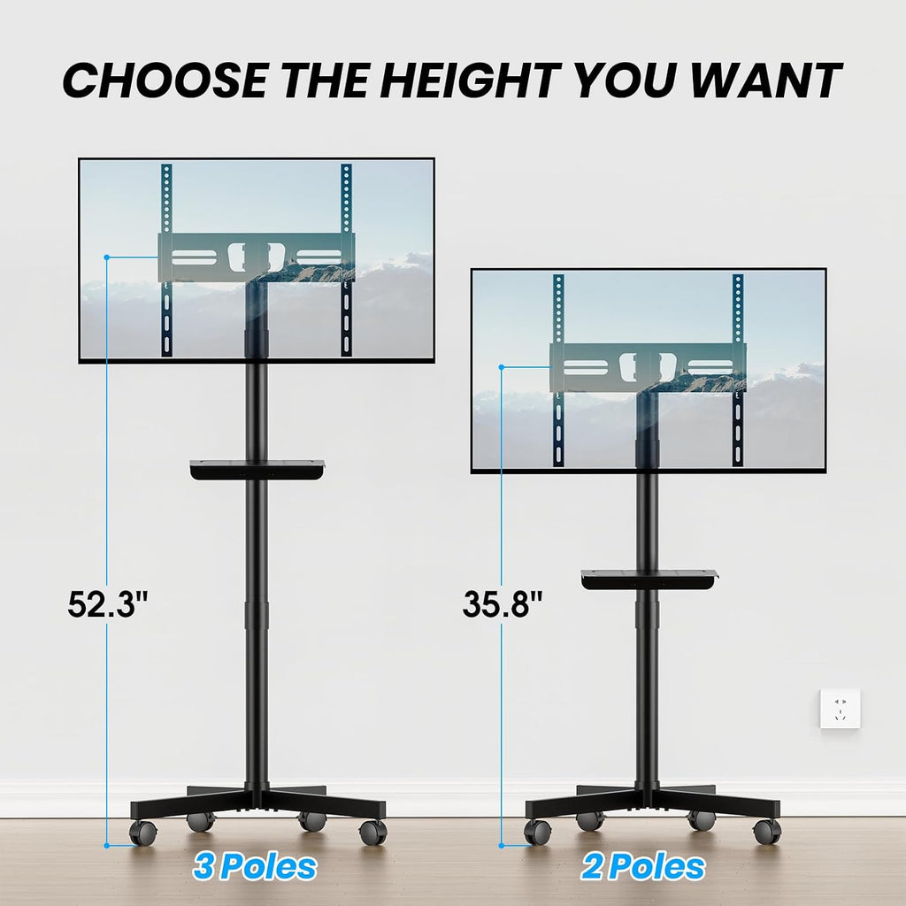 Mobile TV Cart for 23-60 Inch LCD LED OLED Flat Curved Screen TVs - Height Adjustable Rolling Floor Stand with Shelf and Locking Wheels - Up to 88lbs, Max VESA 400x400mm, Black - Image 3
