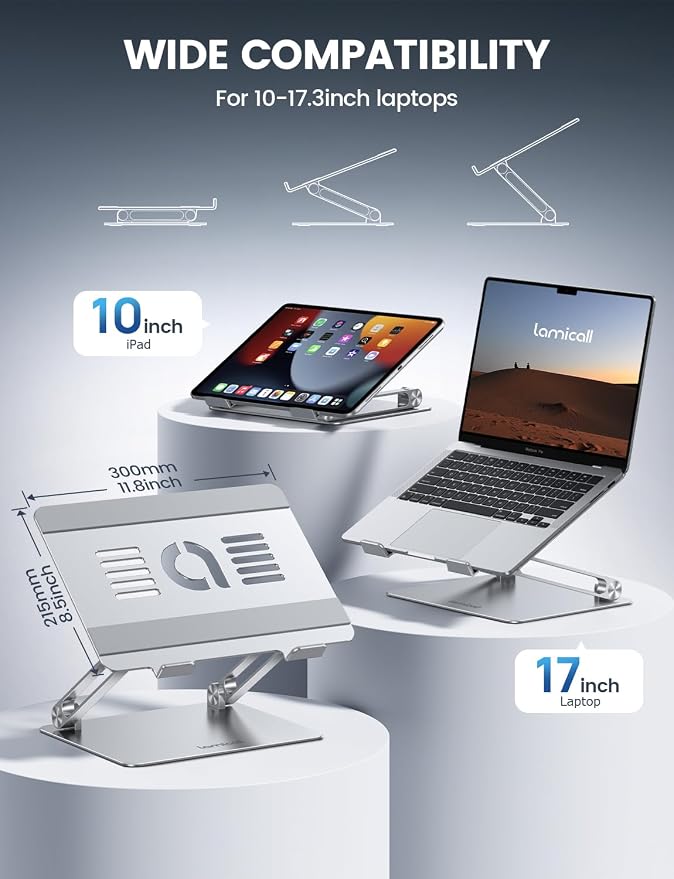 Lamicall Adjustable Laptop Stand for Desk for MacBook Air Pro HP 10-17.3'' | Aluminum Computer Notebook Holder, Portable Laptop Riser, Foldable Ergonomic Office Desk Accessories for Dell XPS Silver - Image 2