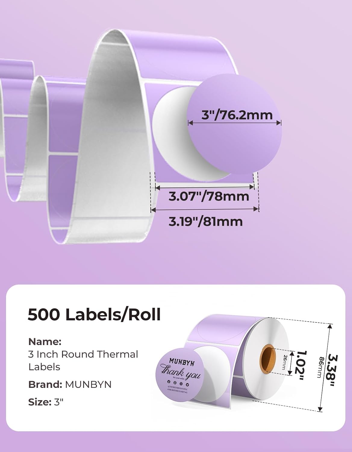 MUNBYN 3 Inch Purple Circle Thermal Labels for Business, 500 Sheets/1 Roll - Image 2