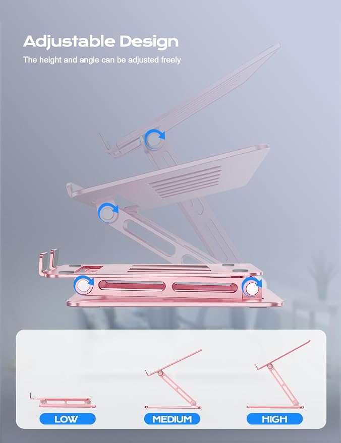 LOXP Aluminum Laptop Stand, Adjustable Laptop Stand for Desk Foldable | Portable Laptop Riser, Ergonomic Computer Notebook Holder for Desk, Office Desk Accessories (10-15.6'') - Pink - Image 3