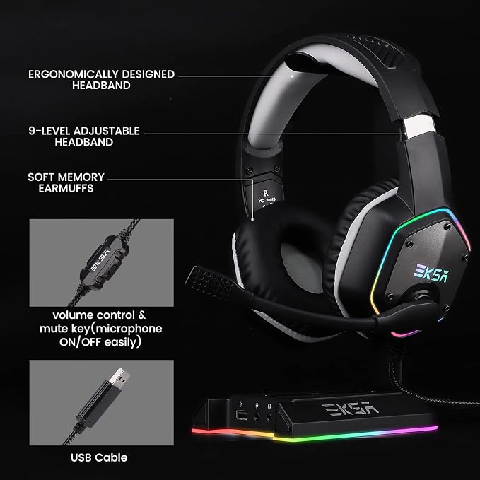 EKSA E1000 USB PC Gaming Headset with Mic, 7.1 Surround Sound | Computer Headphones with Microphone Noise Cancelling, RGB Light, Wired Headphones for PS4, PS5 Console, Laptop, Call Center - Image 8